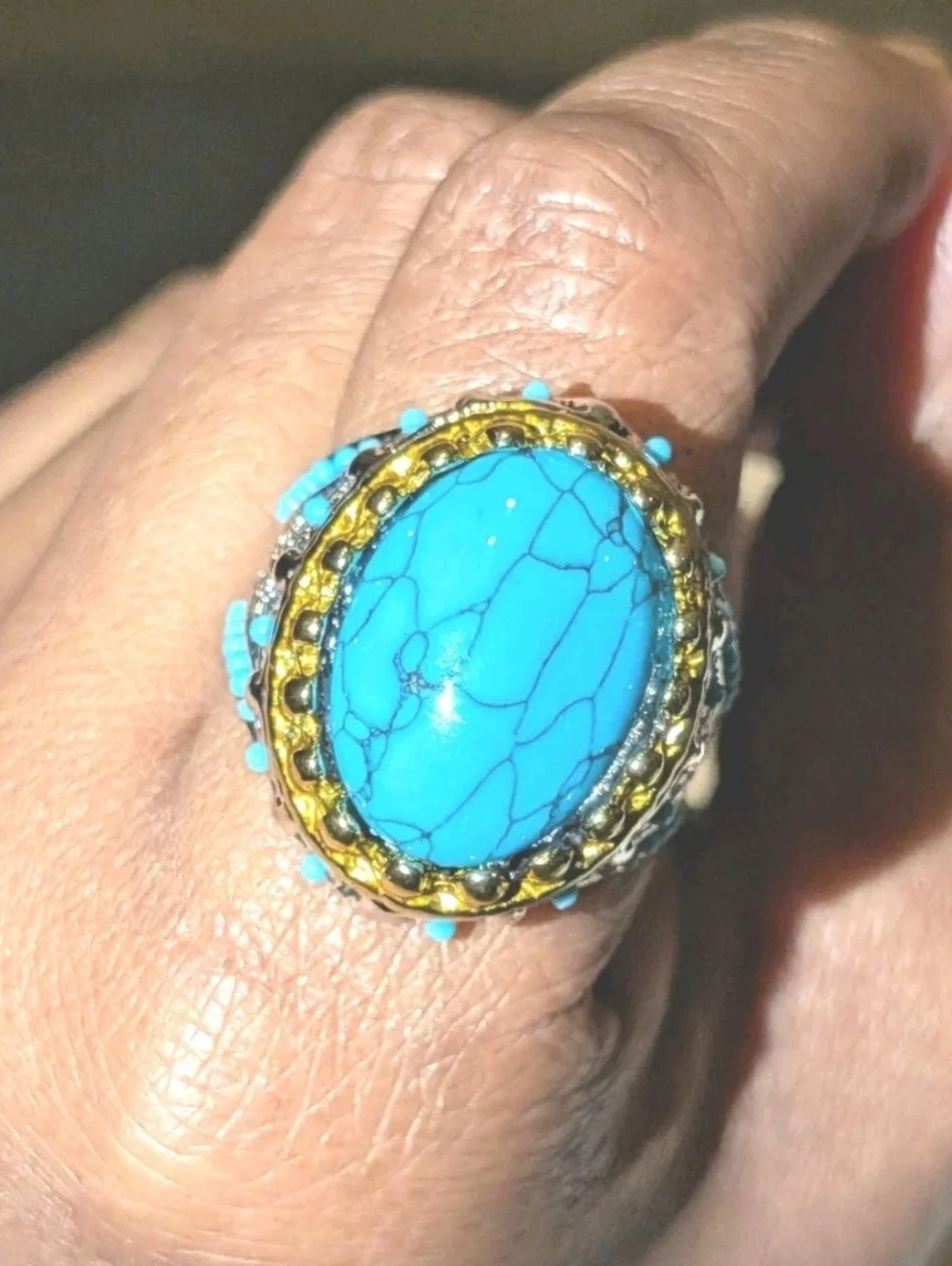 Retro Punk Style Ring Simulated Turquoise Two Tone Polished Statement Band Ring
